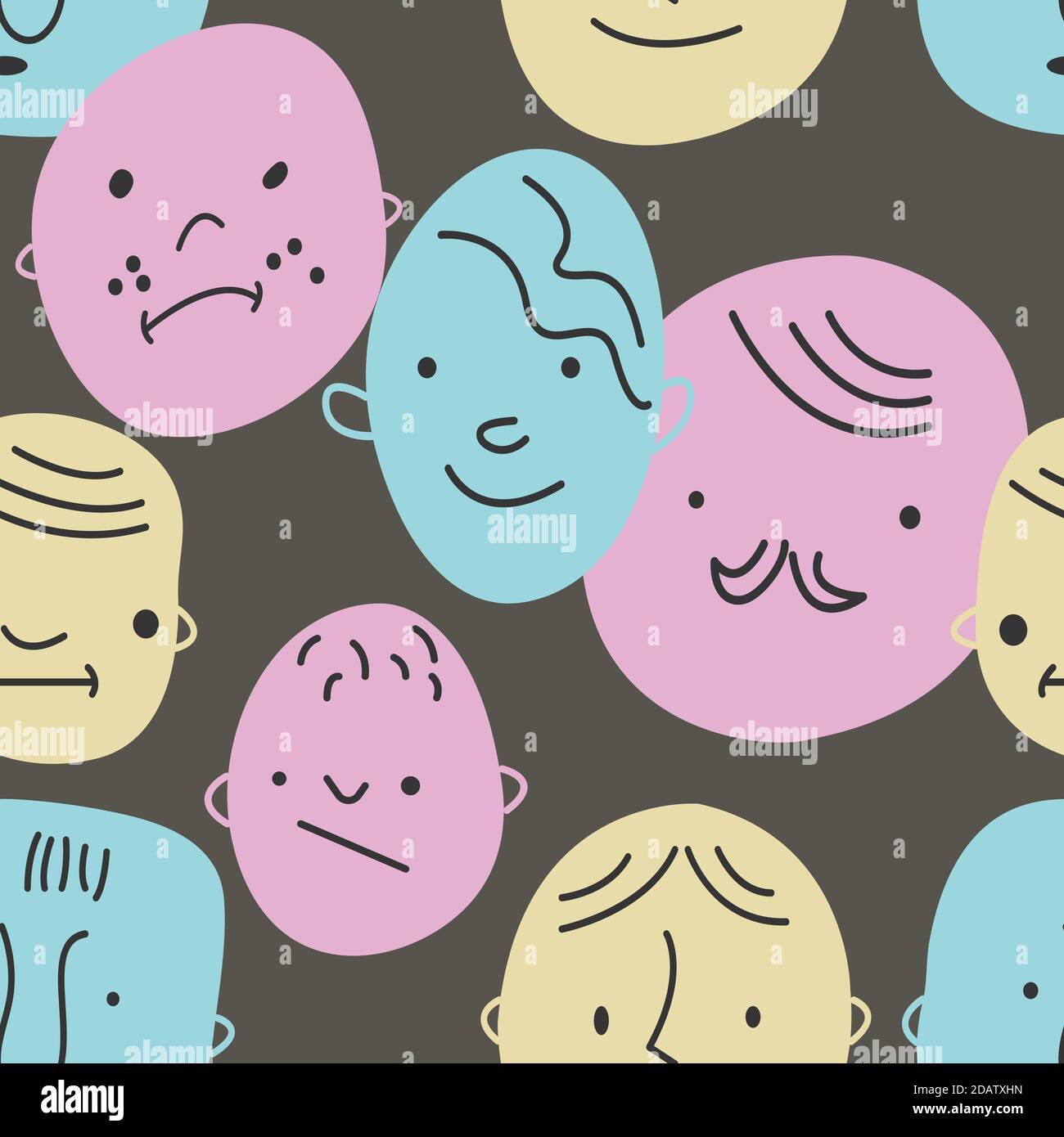 Seamless hand drawn pattern with different faces. Background with sketchy abstract characters. Stock Vector