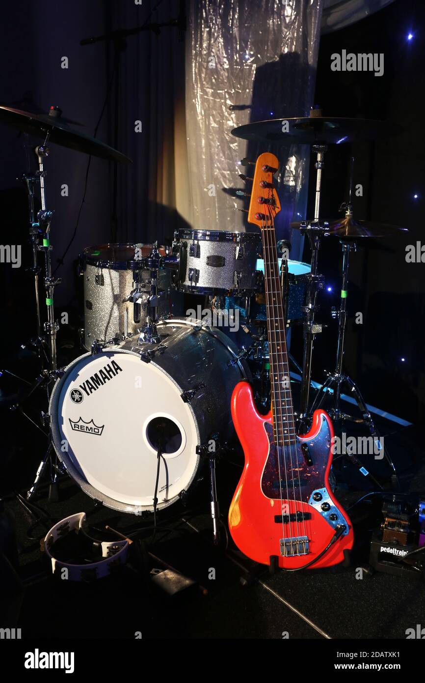 Empty Band set-up on a stage in England, UK Stock Photo - Alamy