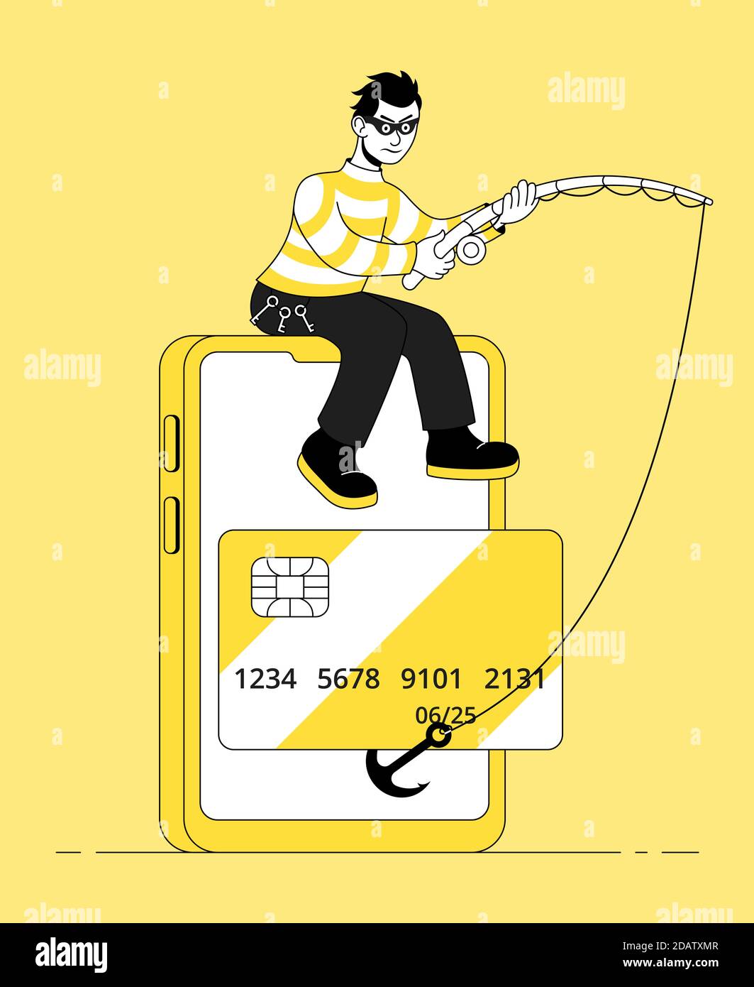 Masked robber with a fishing rode stealing credit card from a smartphone. Cartoon flat vector illustration. Stock Vector