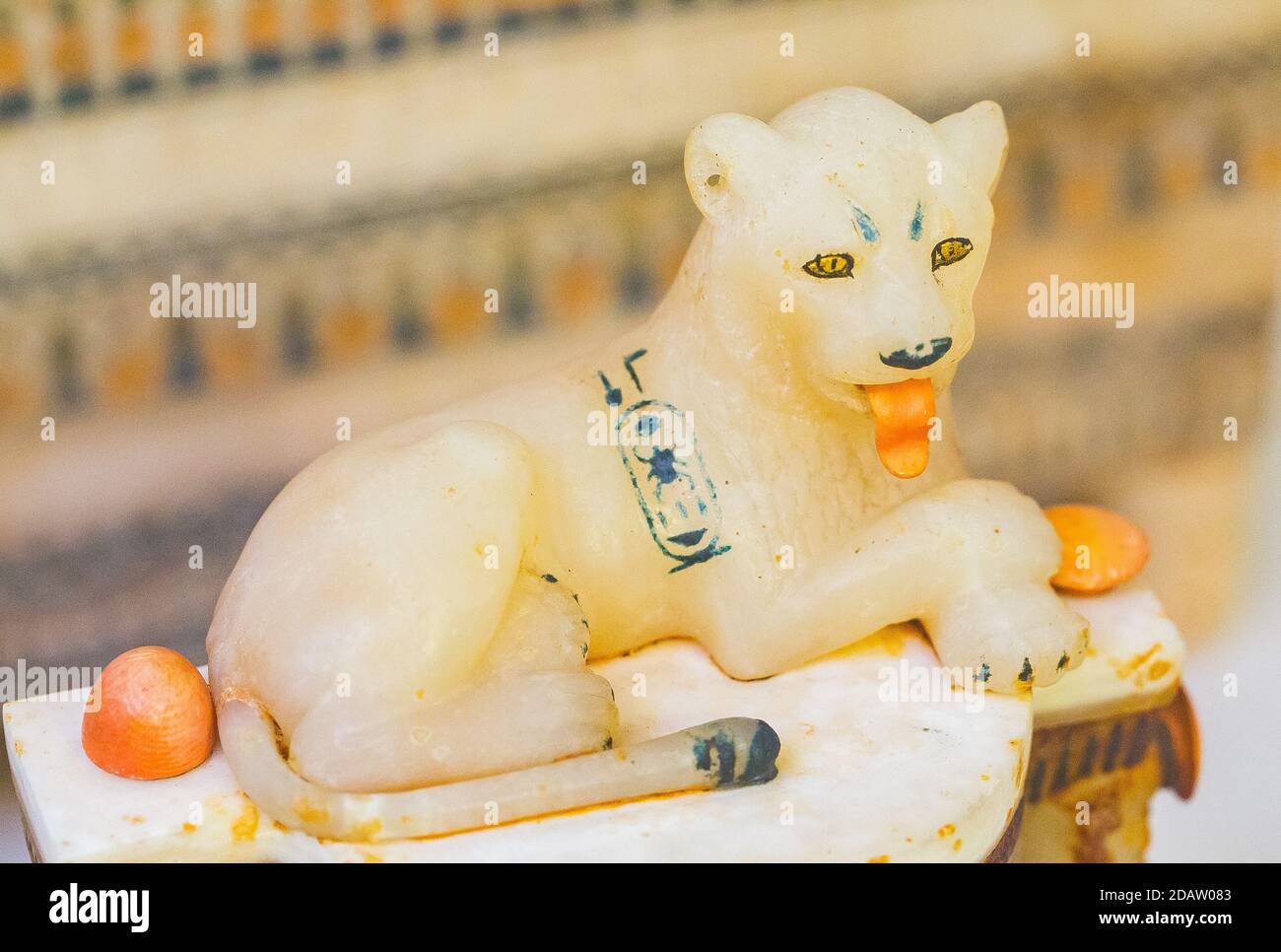 Egypt, Cairo, Tutankhamon alabaster, from his tomb in Luxor : Detail of a cylindrical jar with a recumbent lion on top. Stock Photo