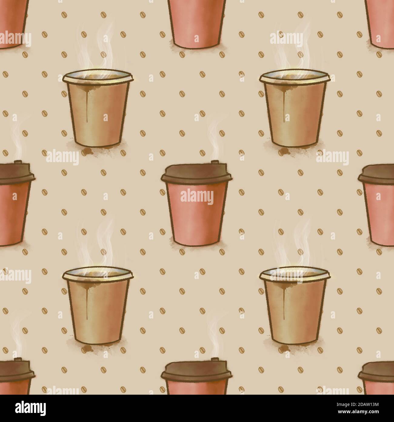 The digital painting of coffee paper cup seamless pattern background ...