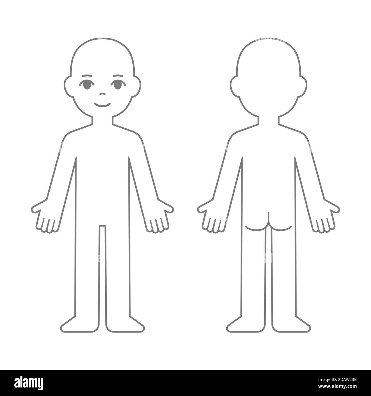 Cartoon child body chart, front and back view. Blank unisex body outline template. Isolated vector illustration. Stock Vector