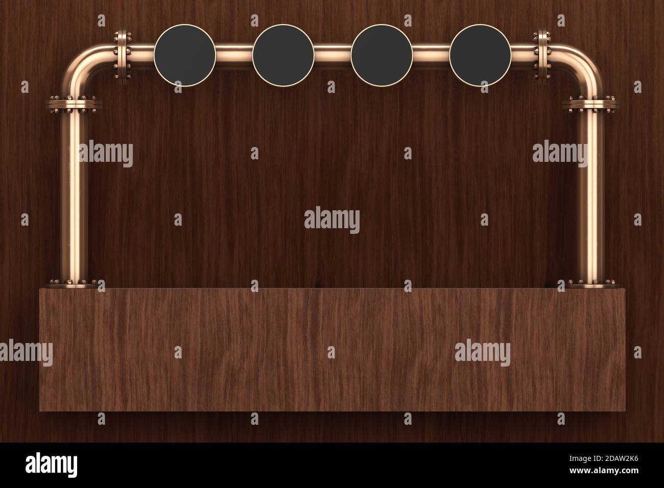 Copper colored beer bar taps on wooden background. Four round marquee