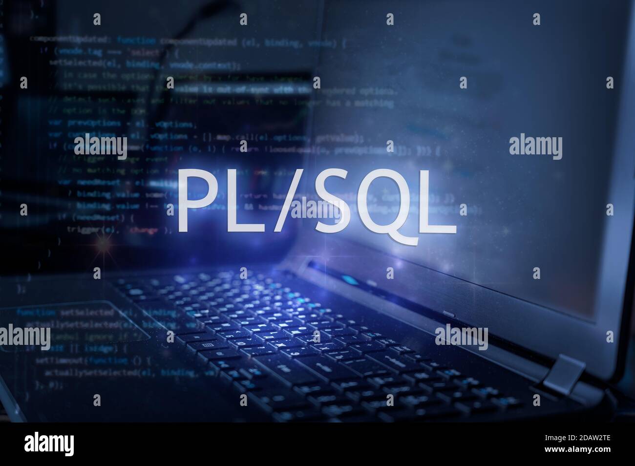 PL/SQL inscription against laptop and code background. Learn pl/sql programming language, computer courses, training. Stock Photo