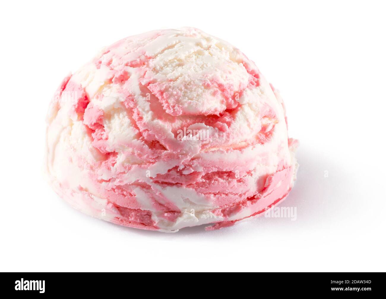 Scoop of variegated strawberry ice cream, on white background. Stock Photo