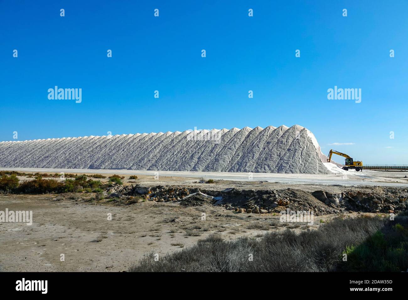 Huge piles of salt produced by salinas, saltpans, at Santa Pola ...