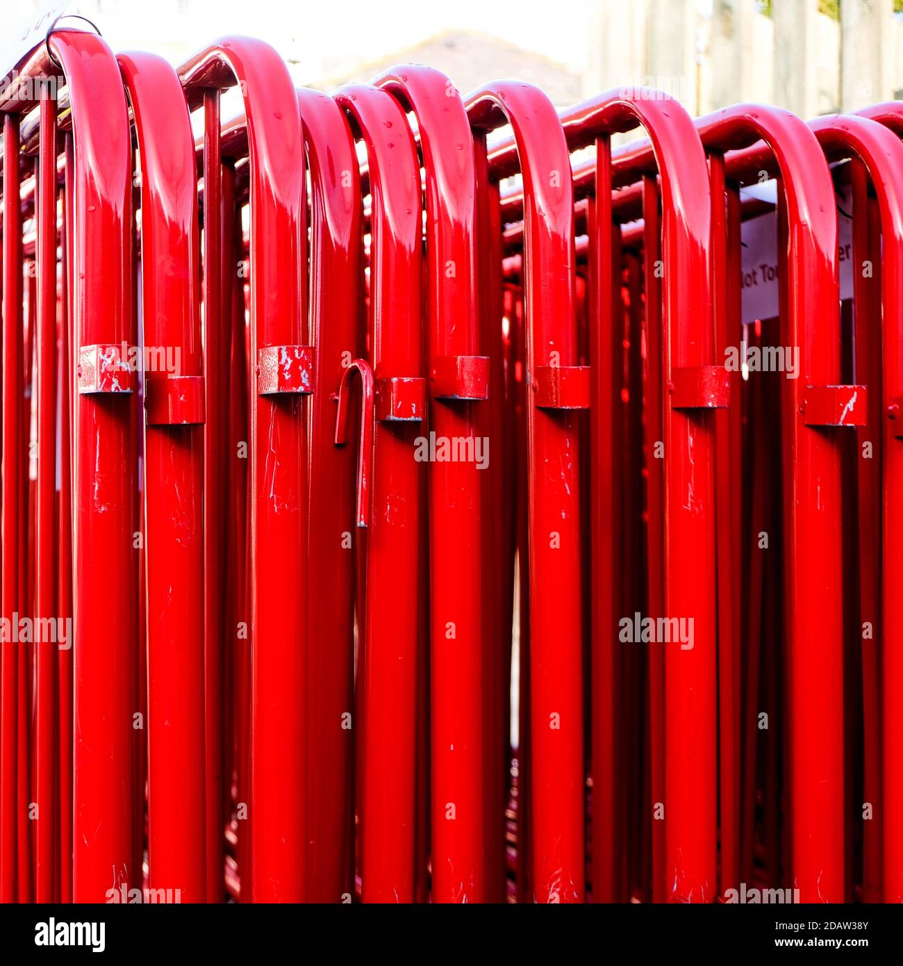 London UK, November 15 2020, A Group Of Stored Red Construction Safety Crowd Control Barriers During COVID-19 Coronavirus Lockdown Stock Photo