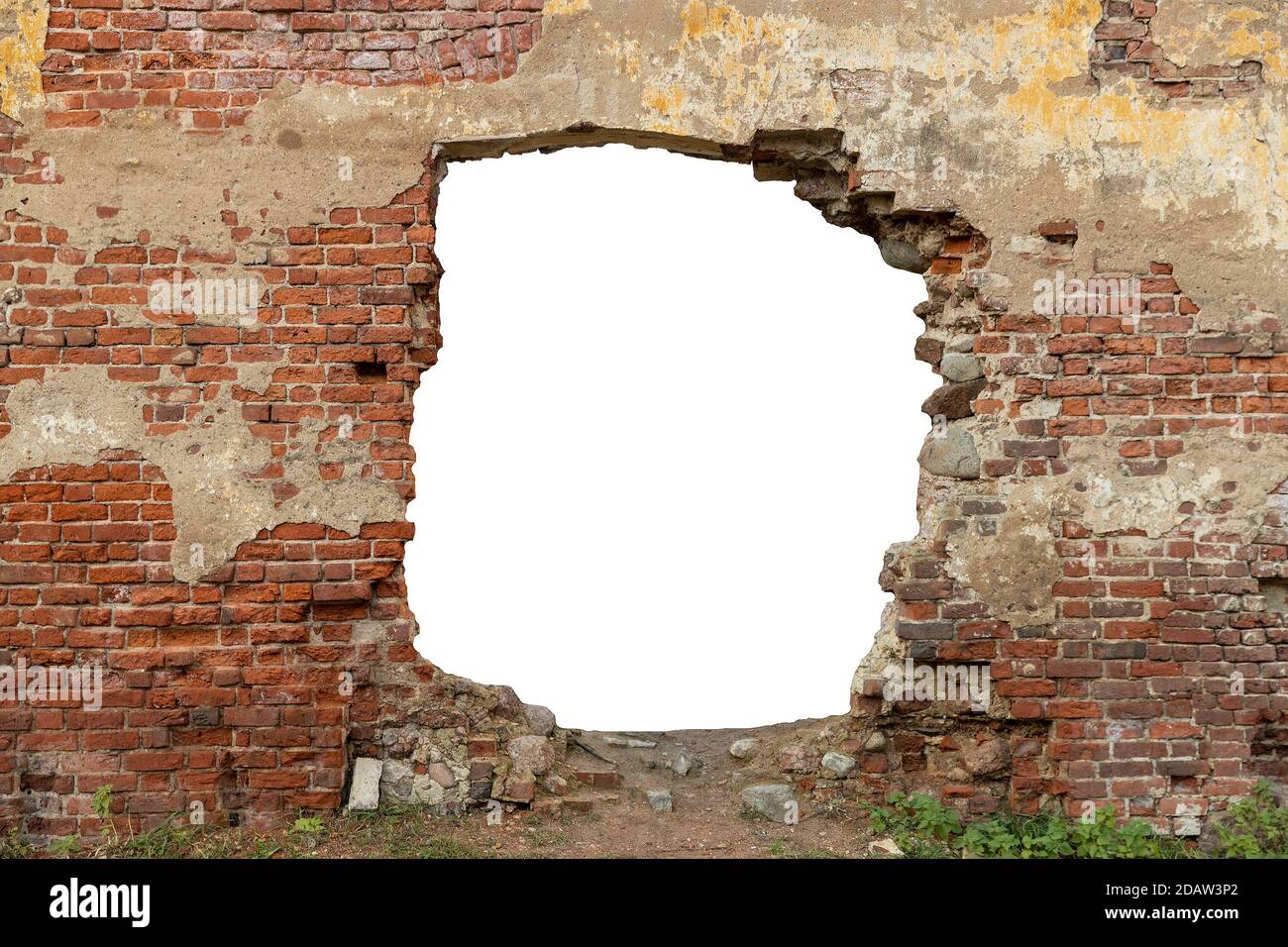 old brick wall with a hole in the middle. isolated on white background ...