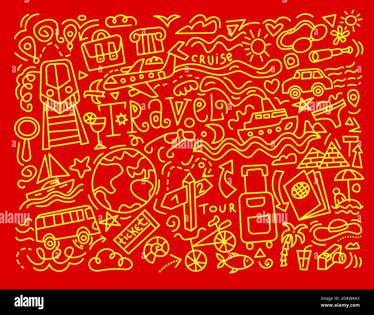 travel background and doodles in a red and yellow colors outlines Stock Vector