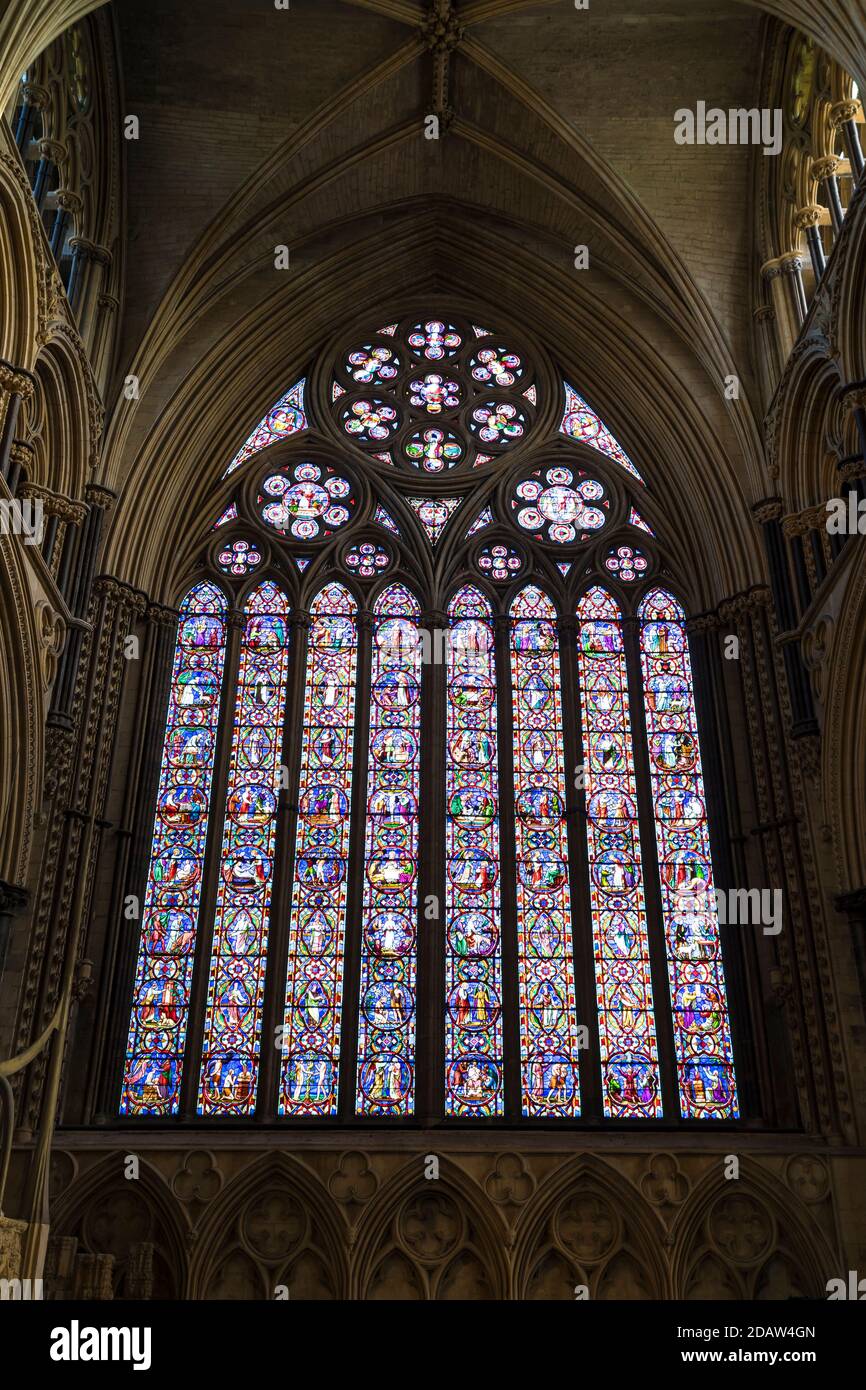 East window Lincoln Cathedral October 2020 Stock Photo