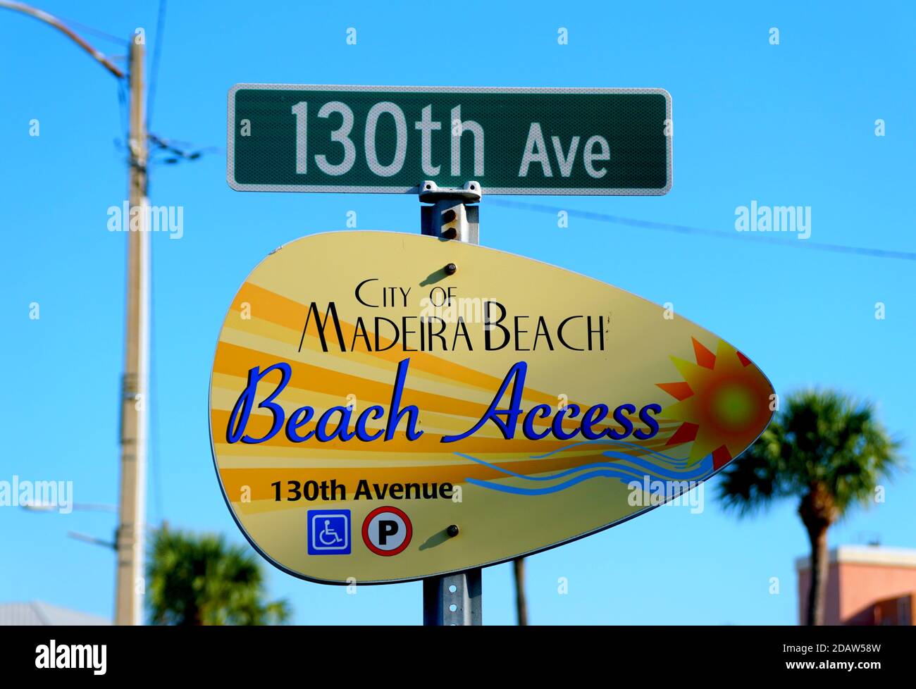 Madeira Beach, Florida, U.S.A - September 30, 2019 - The sign for beach access on 130th Avenue Stock Photo