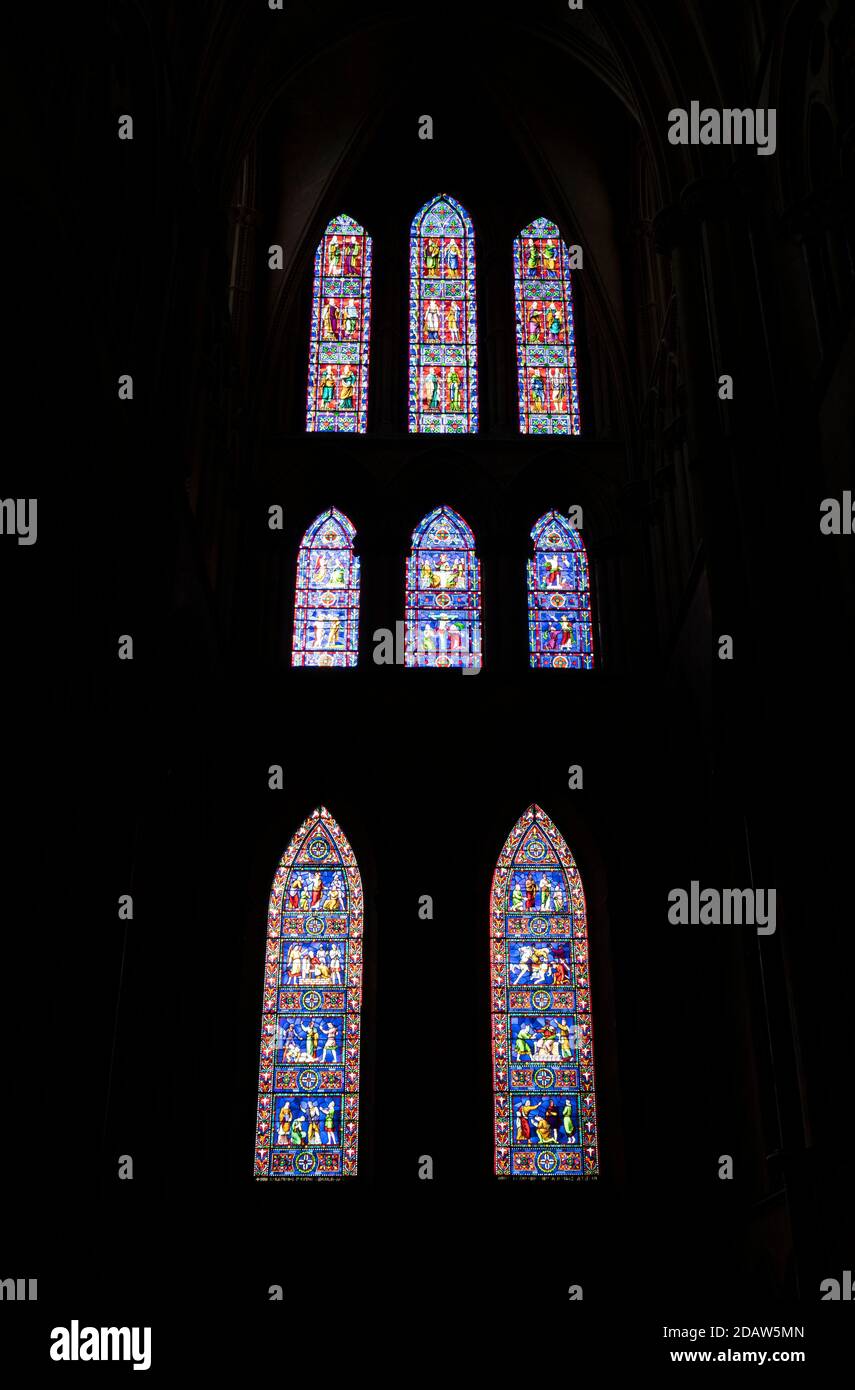 Stained glass windows Lincoln cathedral October 2020 Stock Photo