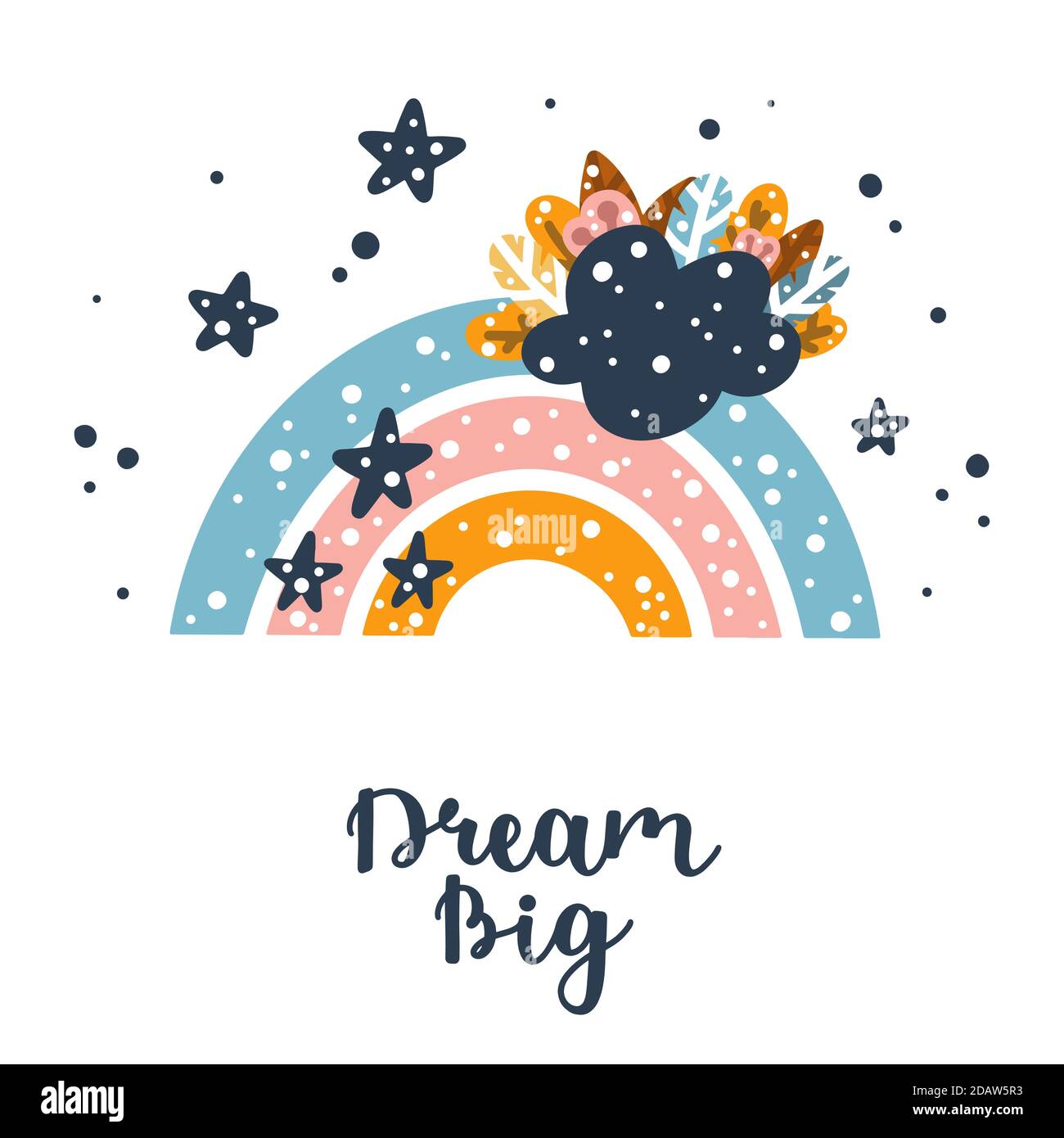 Cute nursery bohemian rainbow in scandinavian style vector illustration with stars and clouds for design or print. Stock Vector