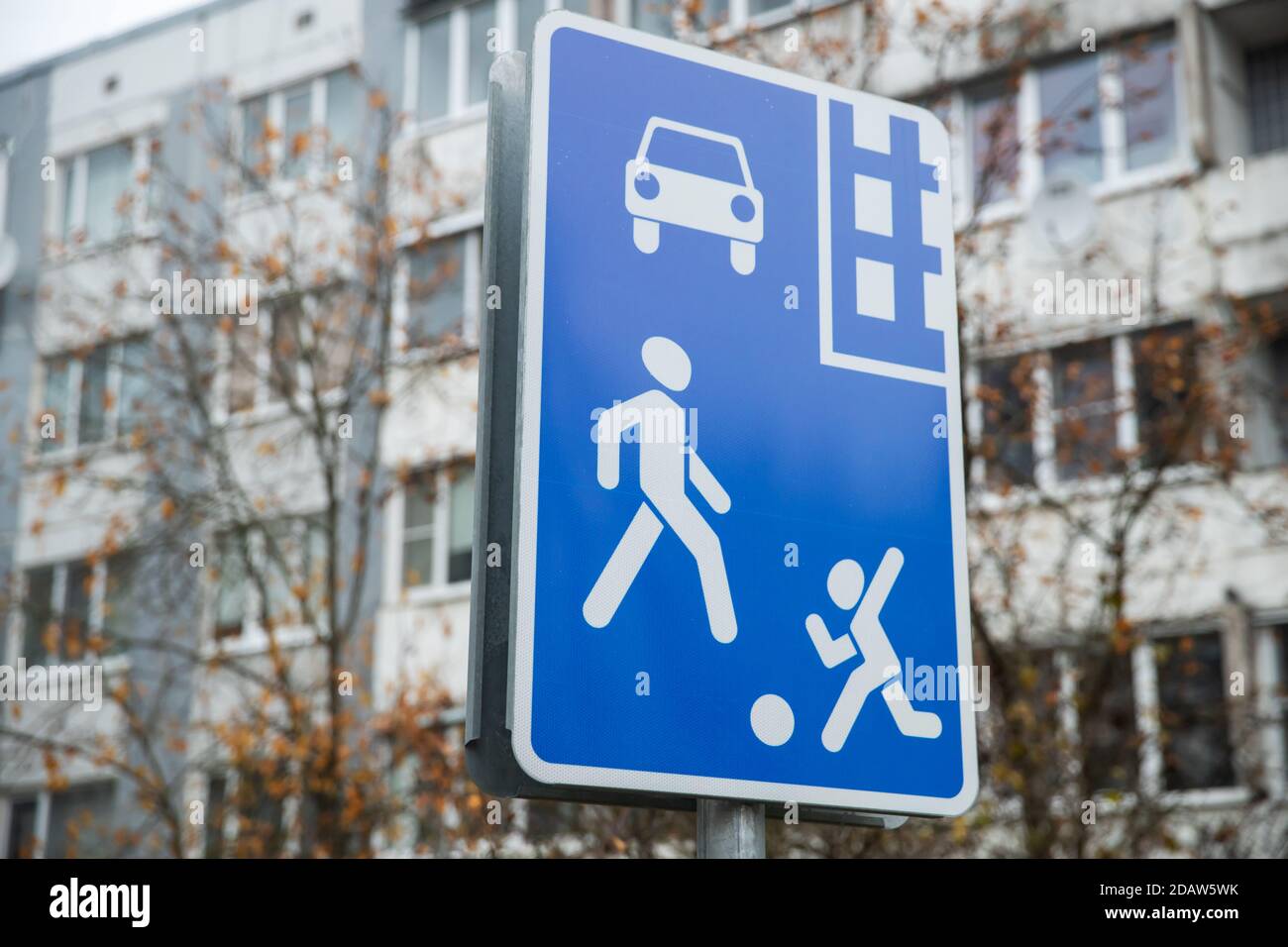 Road sign on the city street. Pedestrian zone Stock Photo