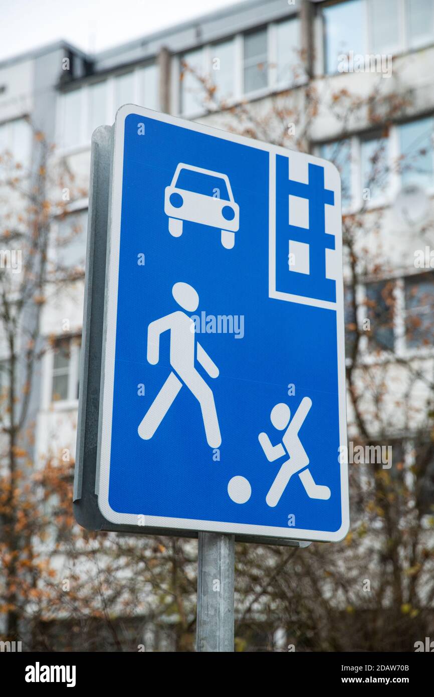 Road sign on the city street. Pedestrian zone Stock Photo