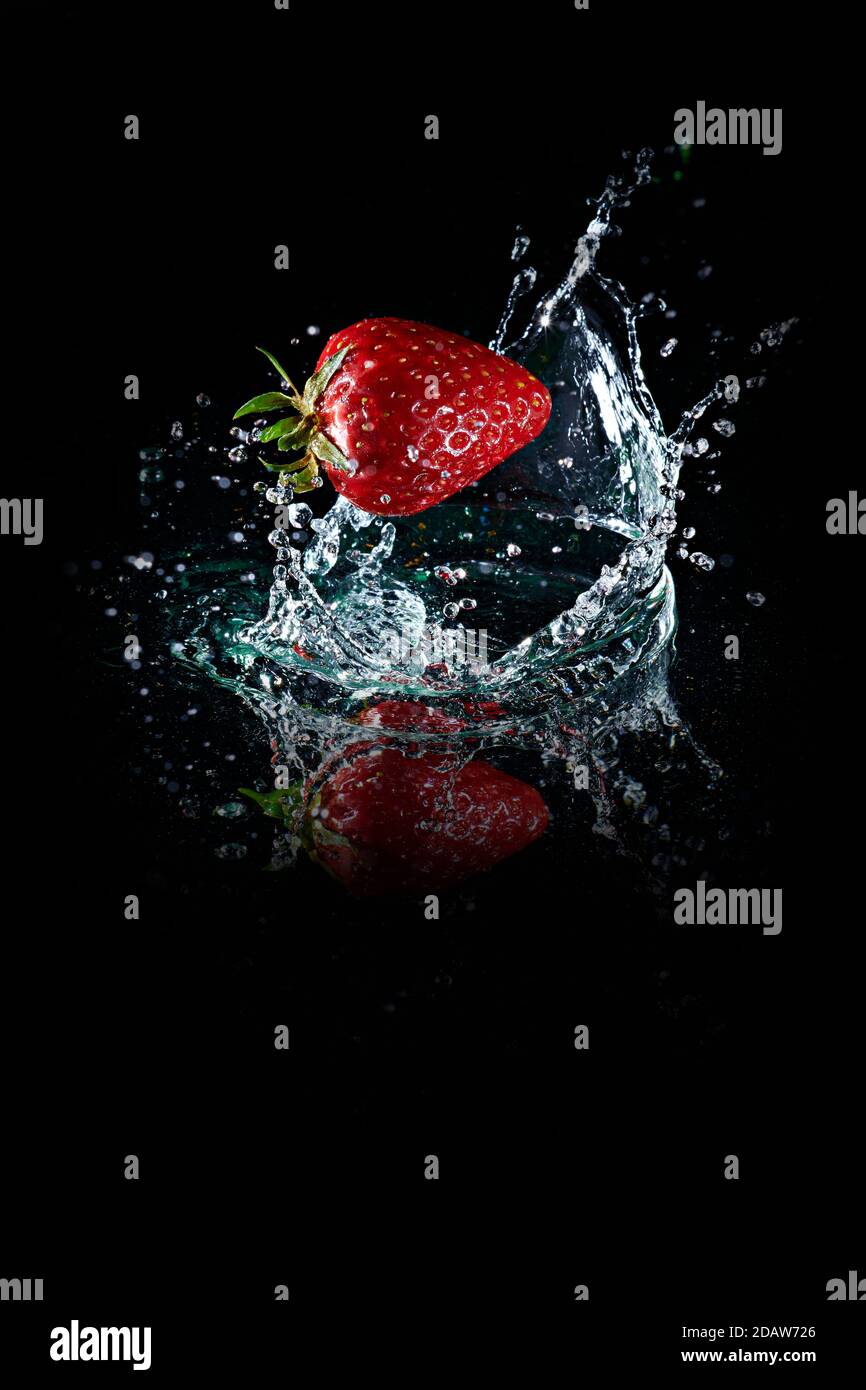 A strawberry falls on the water, with splashes, on a black background. Stock Photo