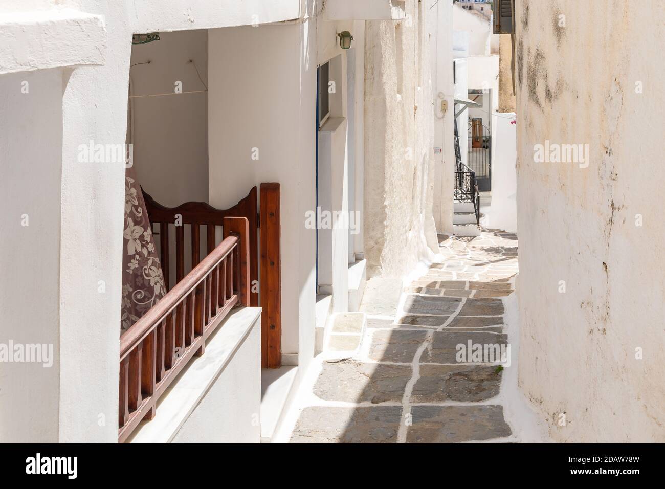 Chora, Ios Island, Greece- 20 September 2020: Narrow street of the old ...