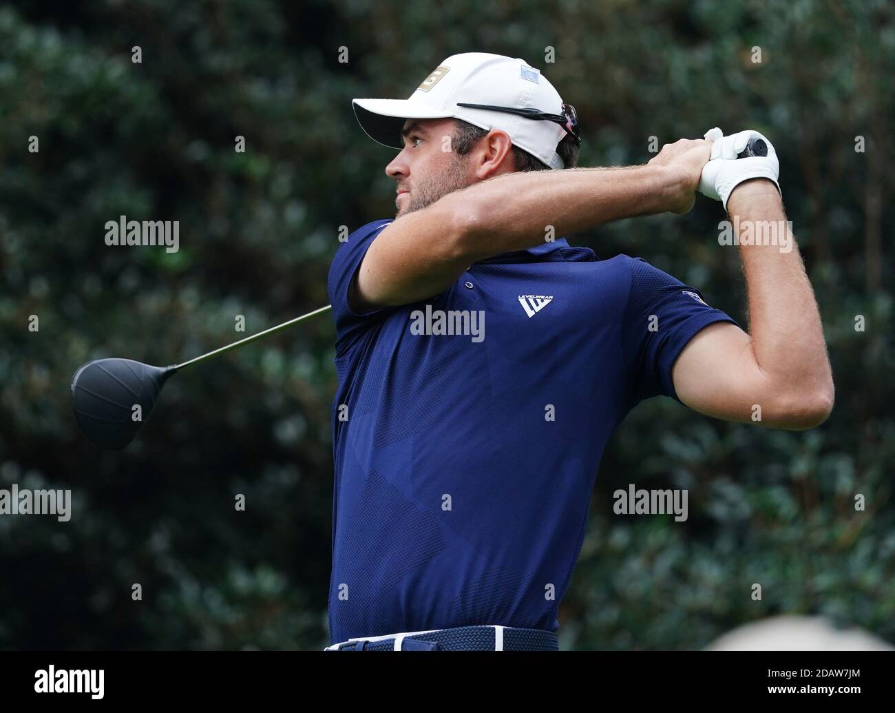 Augusta, United States. 15th Nov, 2020. Corey Conners of Canada hits his tee shot on the second hole in the final round of the 2020 Masters golf tournament at Augusta National Golf Club in Augusta, Georgia on Sunday, November 15, 2020. Photo by Kevin Dietsch/UPI Credit: UPI/Alamy Live News Stock Photo