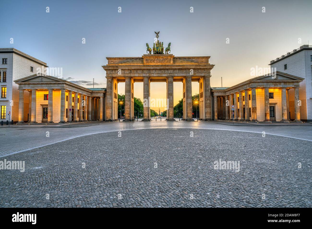 The iconic Brandenburg Gate in Berlin after sunset Stock Photo