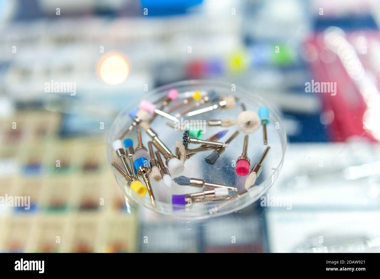 Set of dental brushes for polishing fillings . Medical dental tools