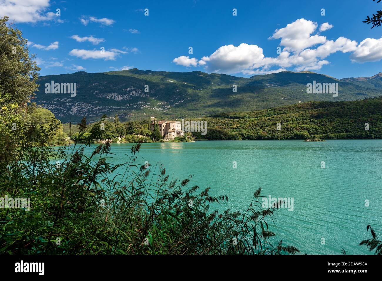 Lake Toblino (Lago di Toblino) with the medieval castle, small alpine lake in Trentino Alto Adige, Madruzzo, Italy, Europe Stock Photo
