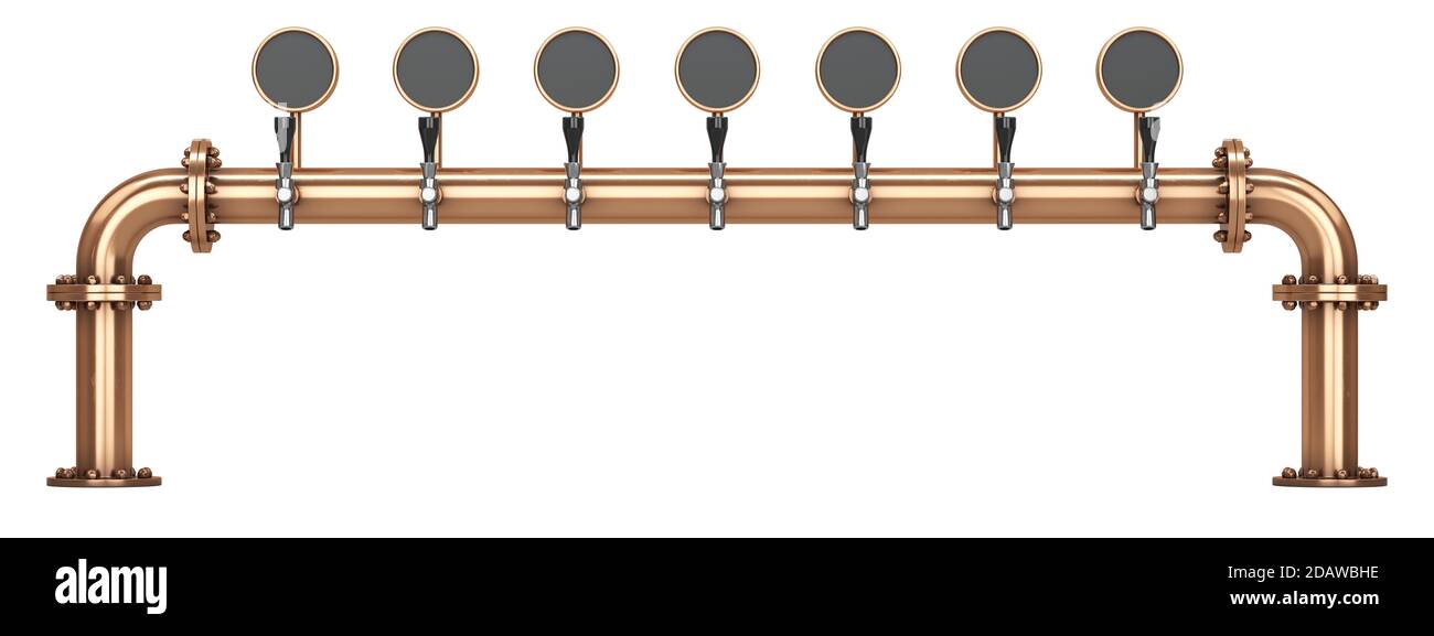 Seven rotating beer taps. Copper pipe bridge Stock Photo Alamy
