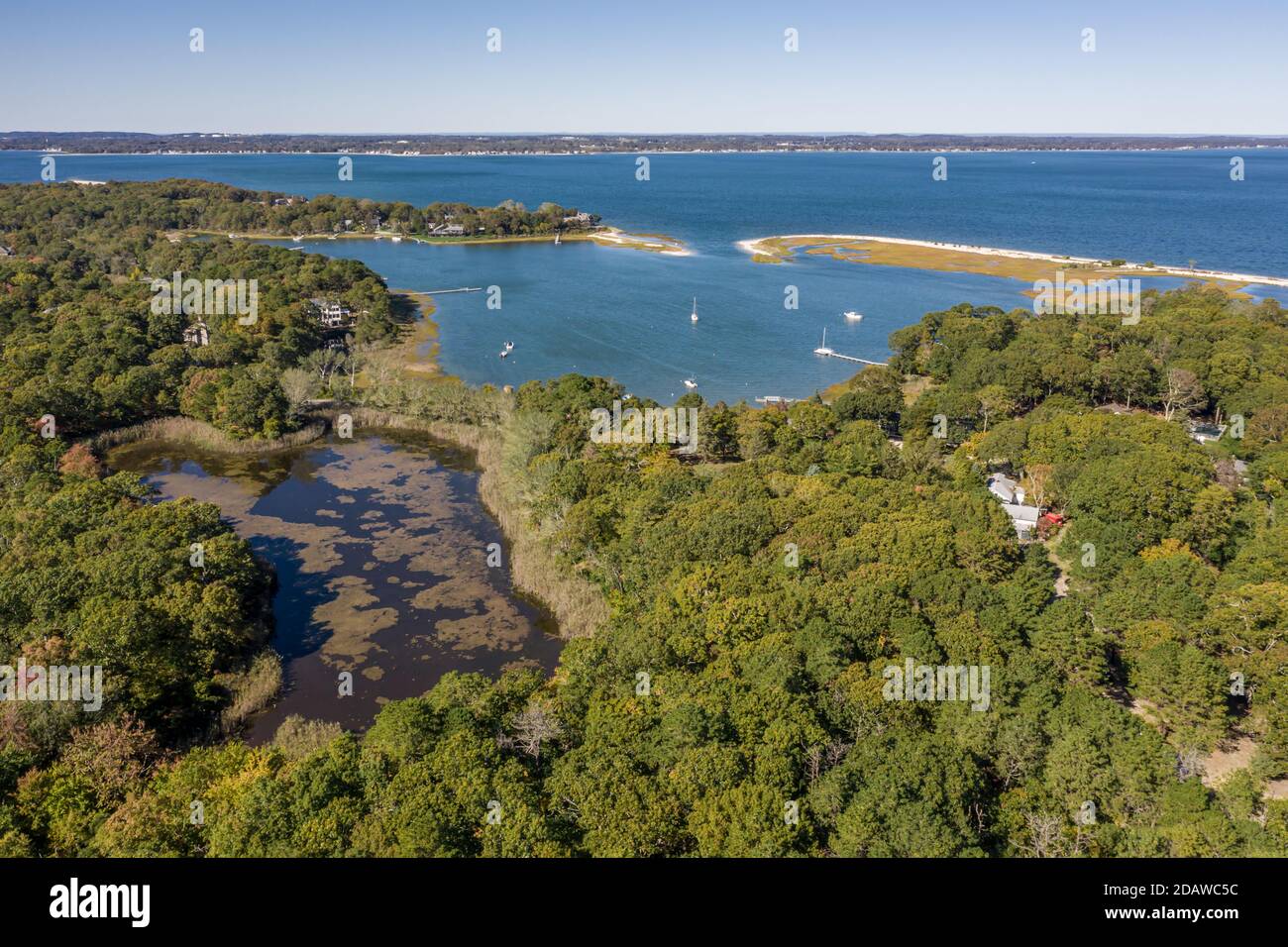 Aerial view of Wehrman pond, Red creek pond and Peconic RIver area, Hampton Bays, NY Stock Photo