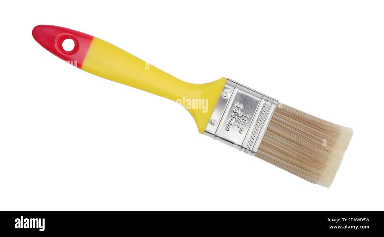 Yellow plastic paint brush isolated on white. Top view. Stock Photo