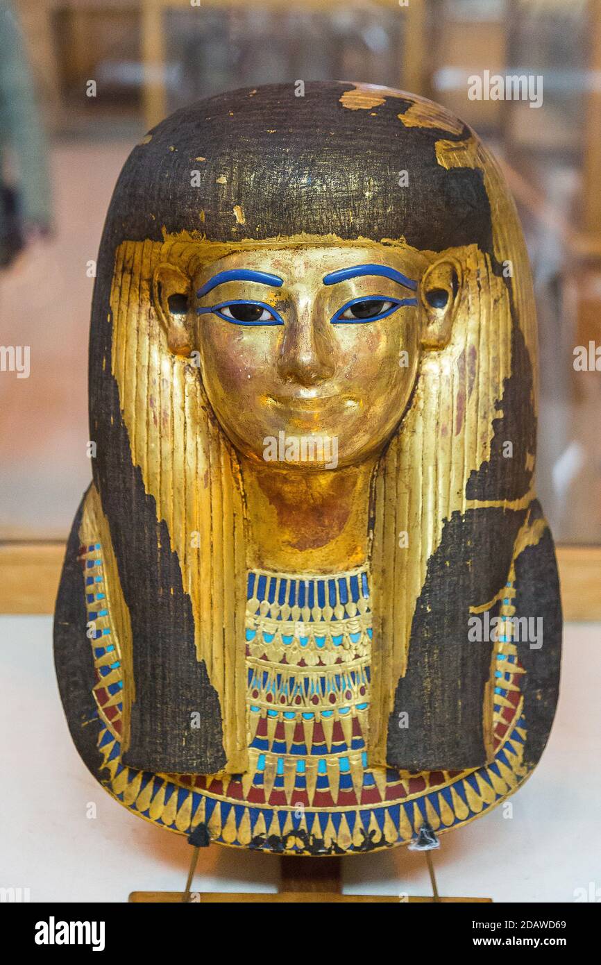 Egypt, Cairo, Egyptian Museum, from the tomb of Yuya and Thuya in Luxor : Gilded mask of Thuya. Stock Photo