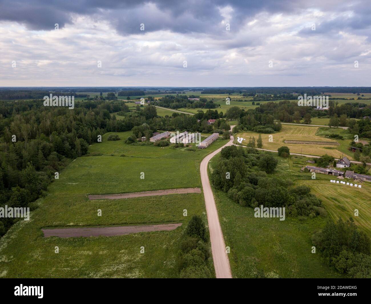 countryside aerial landscape with roads and green fields in summer ...