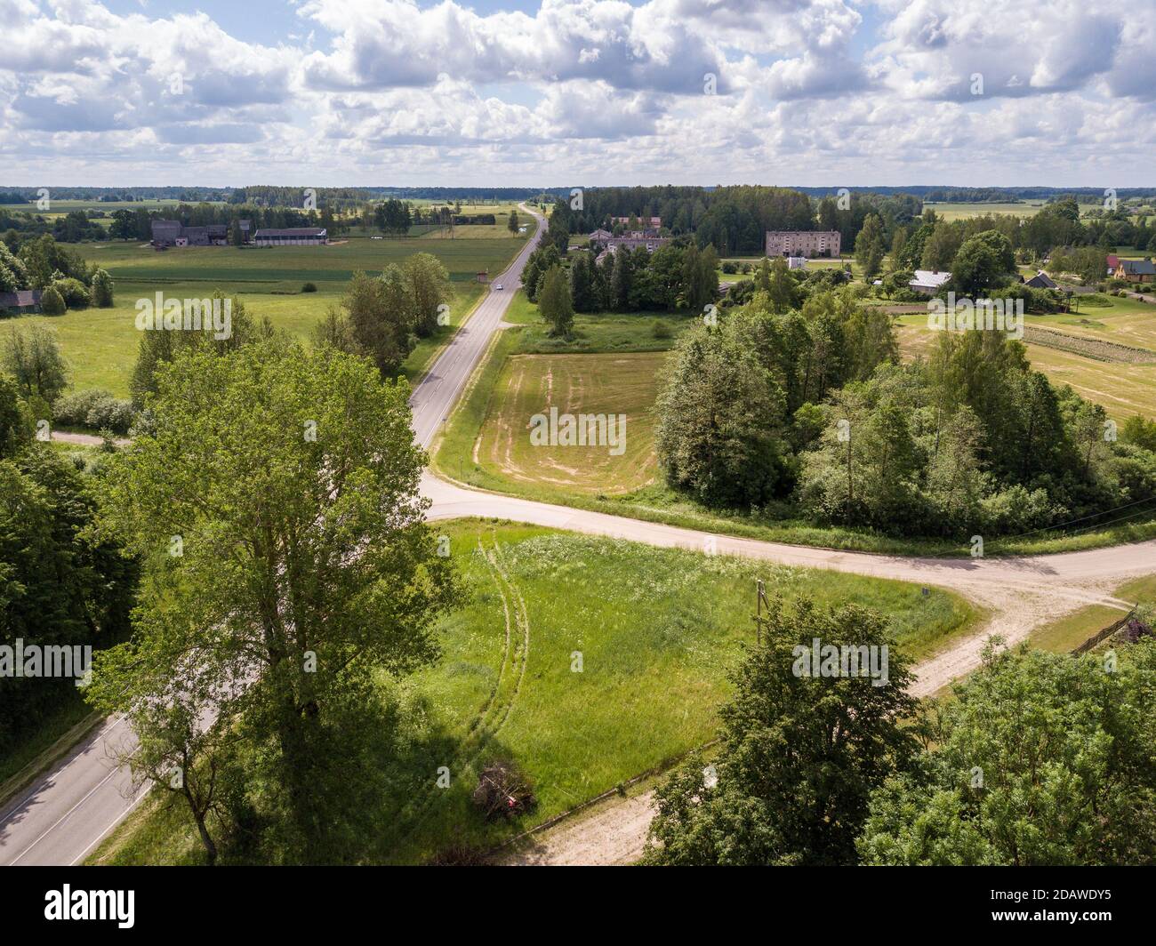 countryside aerial landscape with roads and green fields in summer ...
