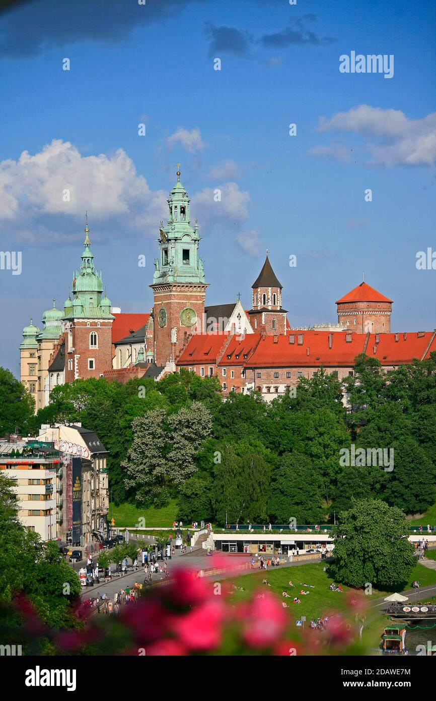 Cyclists Driving On The Vistula River Bank Road In The Background The Cathedral And The Wawel Royal Castle Complex On Wawel Hill In Cracow Stock Photo Alamy