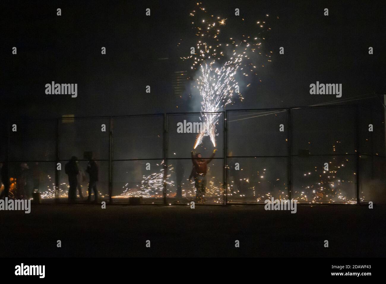 Fireworks from a traditional festival in Valencia called "cordá". Men