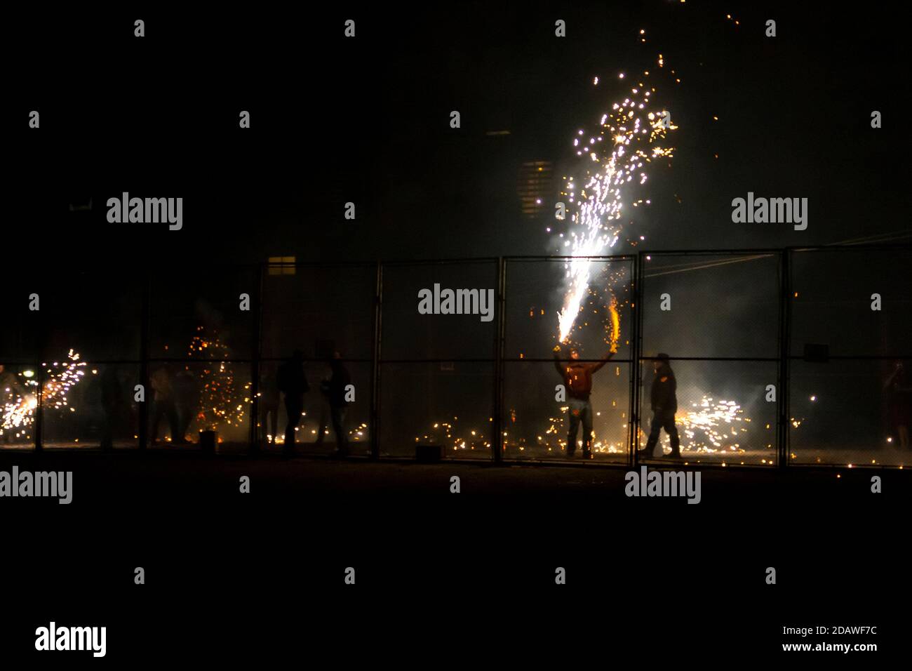 Fireworks from a traditional festival in Valencia called "cordá". Men