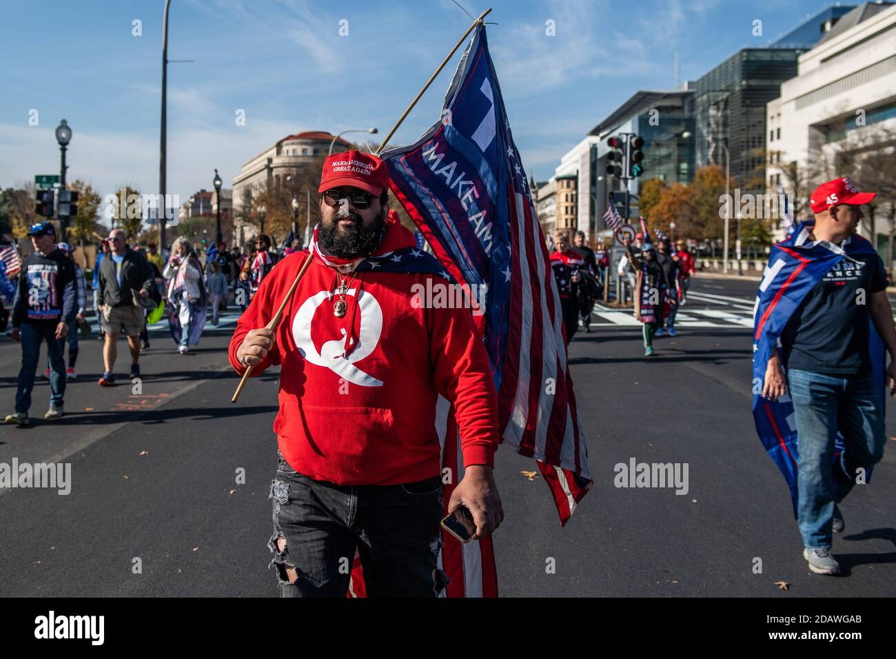 Washington, DC, United States. 14th Nov, 2020. WASHINGTON D.C., NOVEMBER 14- A Qanon supporter marches in route to the Supreme Court during the Million Maga March protest regarding election results on November 14, 2020 in Washington, DC Photo: Chris Tuite/ImageSPACE Credit: Imagespace/Alamy Live News Stock Photo