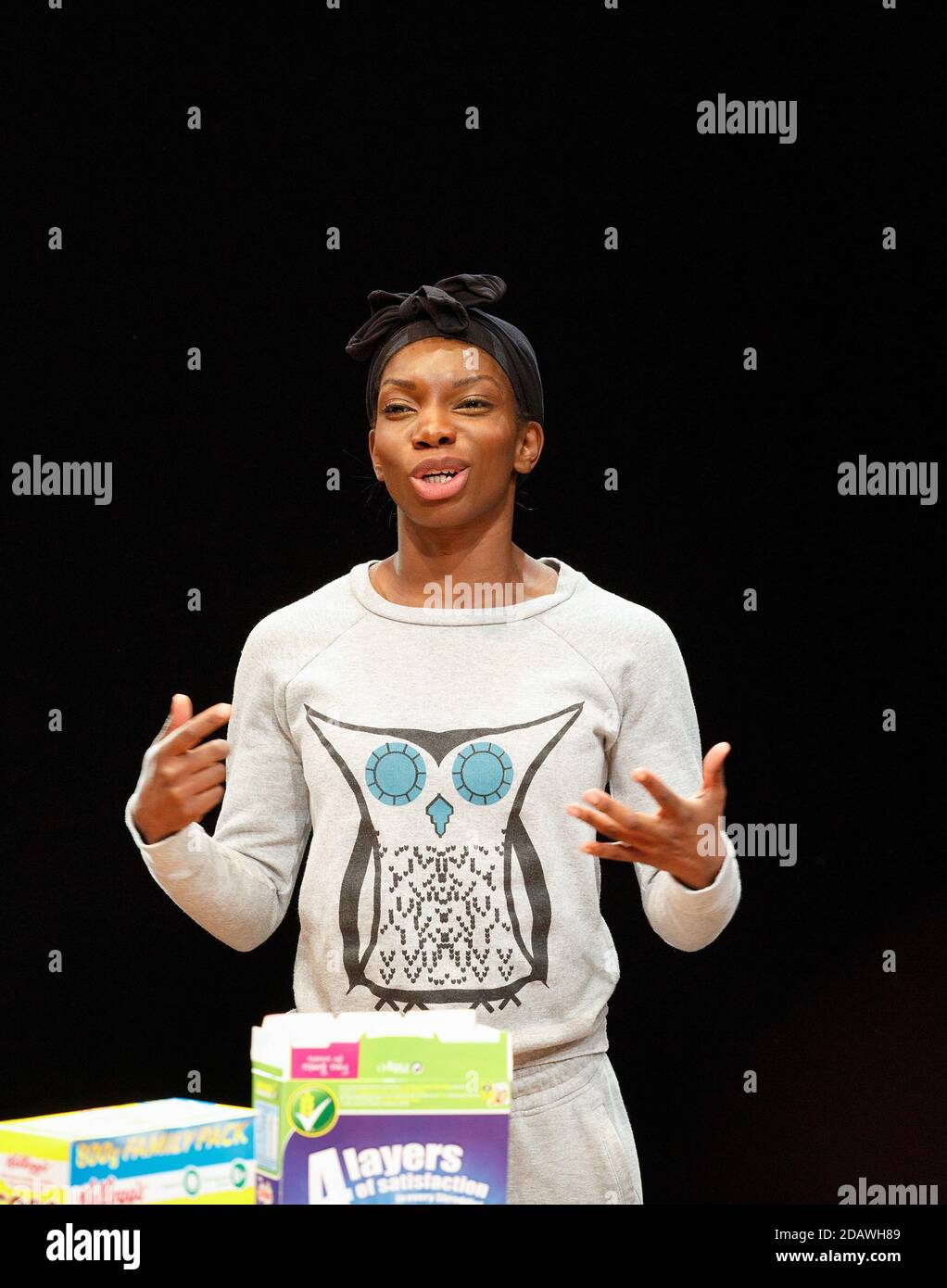 Michaela Coel (Young Mum / Portugal) in HOME written & directed by Nadia Fall at The Shed, National Theatre (NT), London SE1  31/03/2014  design: Ruth Sutcliffe   lighting: Ciaran Bagnall Stock Photo