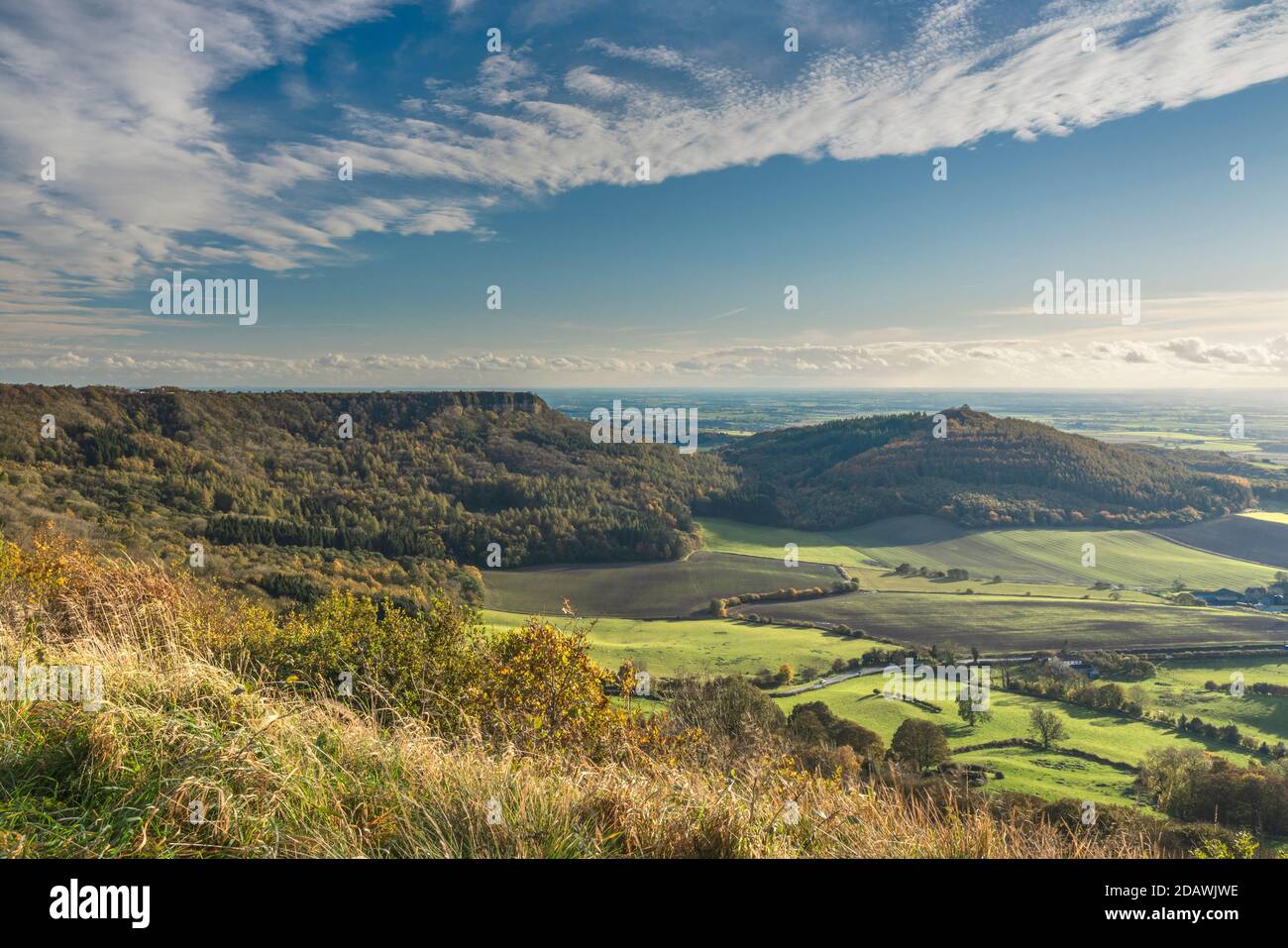 Said to ne the Finest View in England, The Vale of York from Sutton Bank, including Hood Hill and Roulston Scar. Stock Photo
