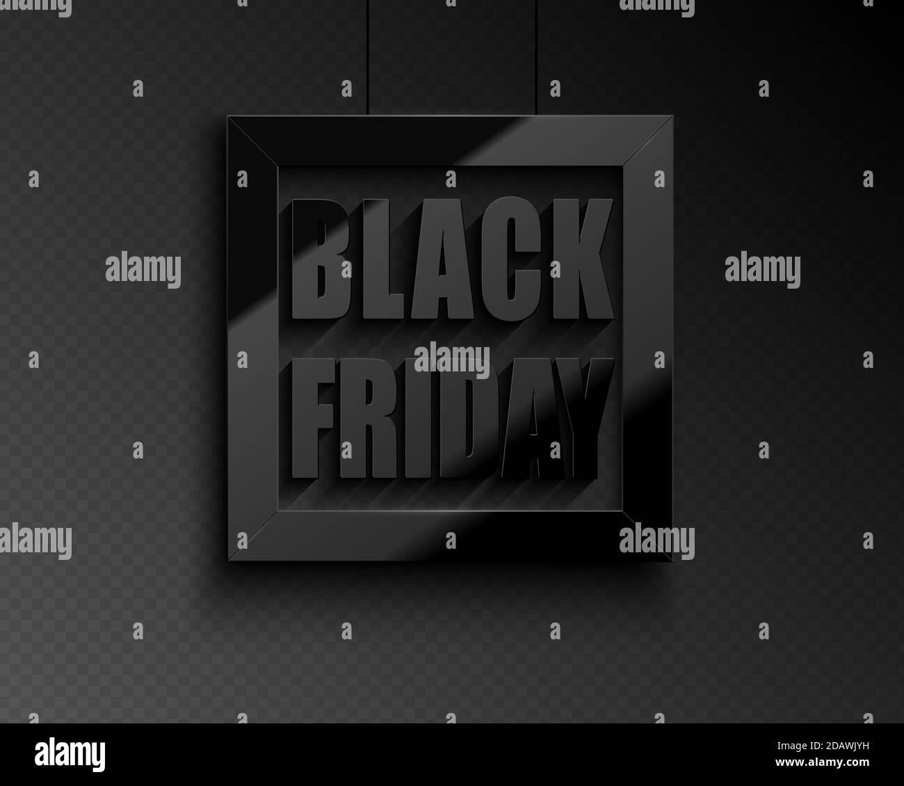 Black Friday Sale vector banner with square glossy black frame with reflection on dark background. Plastic glass solid text, deep dark design. Stock Vector