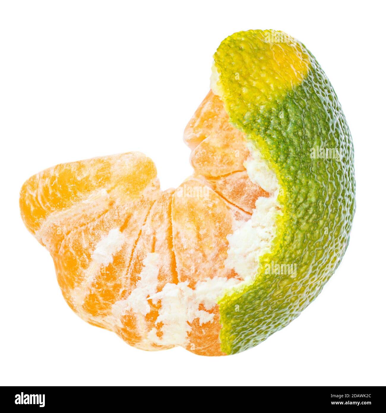 Peeled Tangerine, clementine, mandarines fruit isolated on white background. Macro Stock Photo