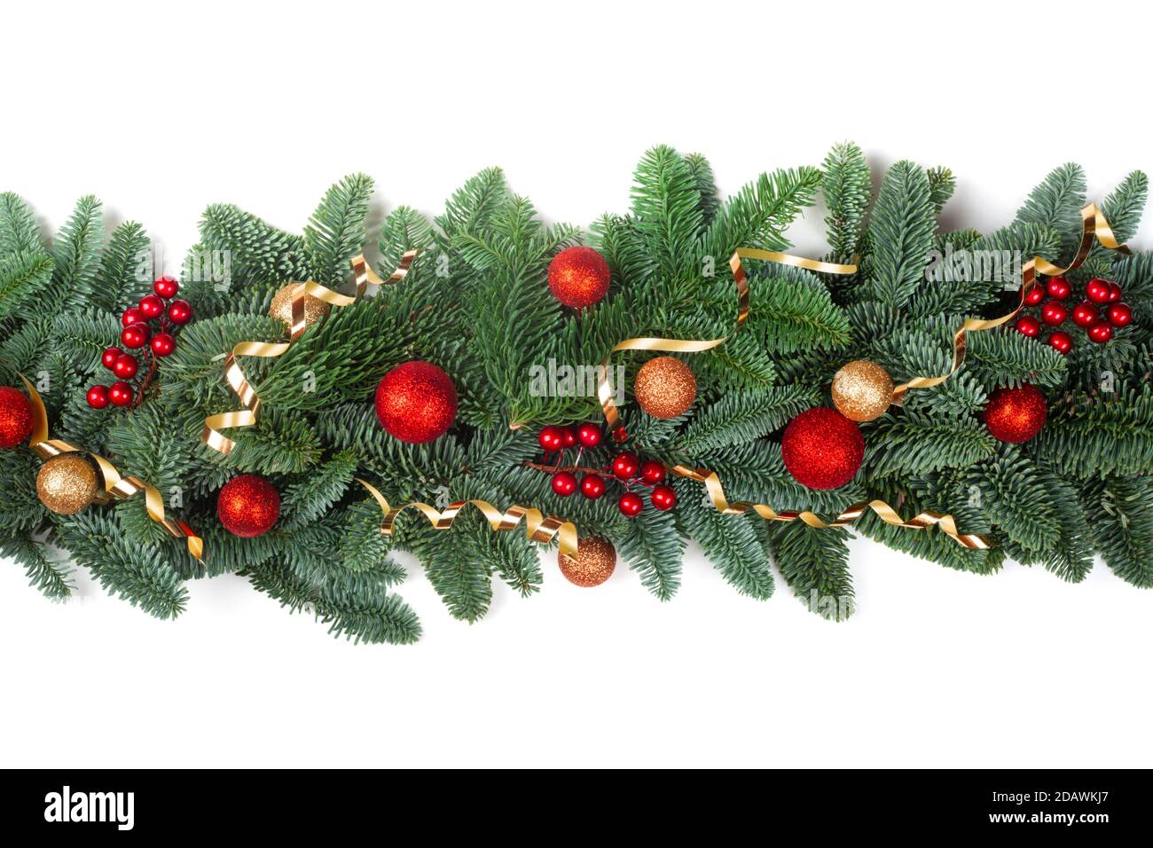 Christmas Border frame of natural noble fir tree branches red and ...