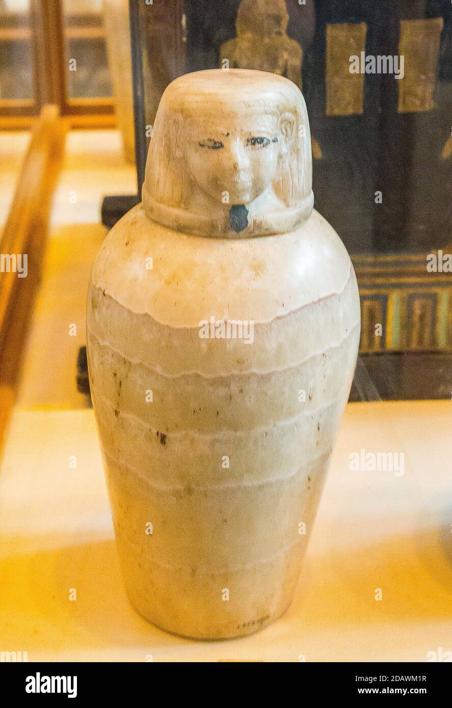 Egypt, Cairo, Egyptian Museum, from the tomb of Yuya and Thuya in Luxor : Canopic vase of Yuya, alabaster, with human head and no text. Stock Photo