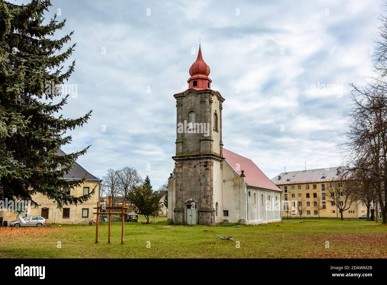 Nova Ves / Czech Republic - November 15 2020: View of the roman catholic church of the Most Holy Trinity built in the 18th century standing in a park. Stock Photo