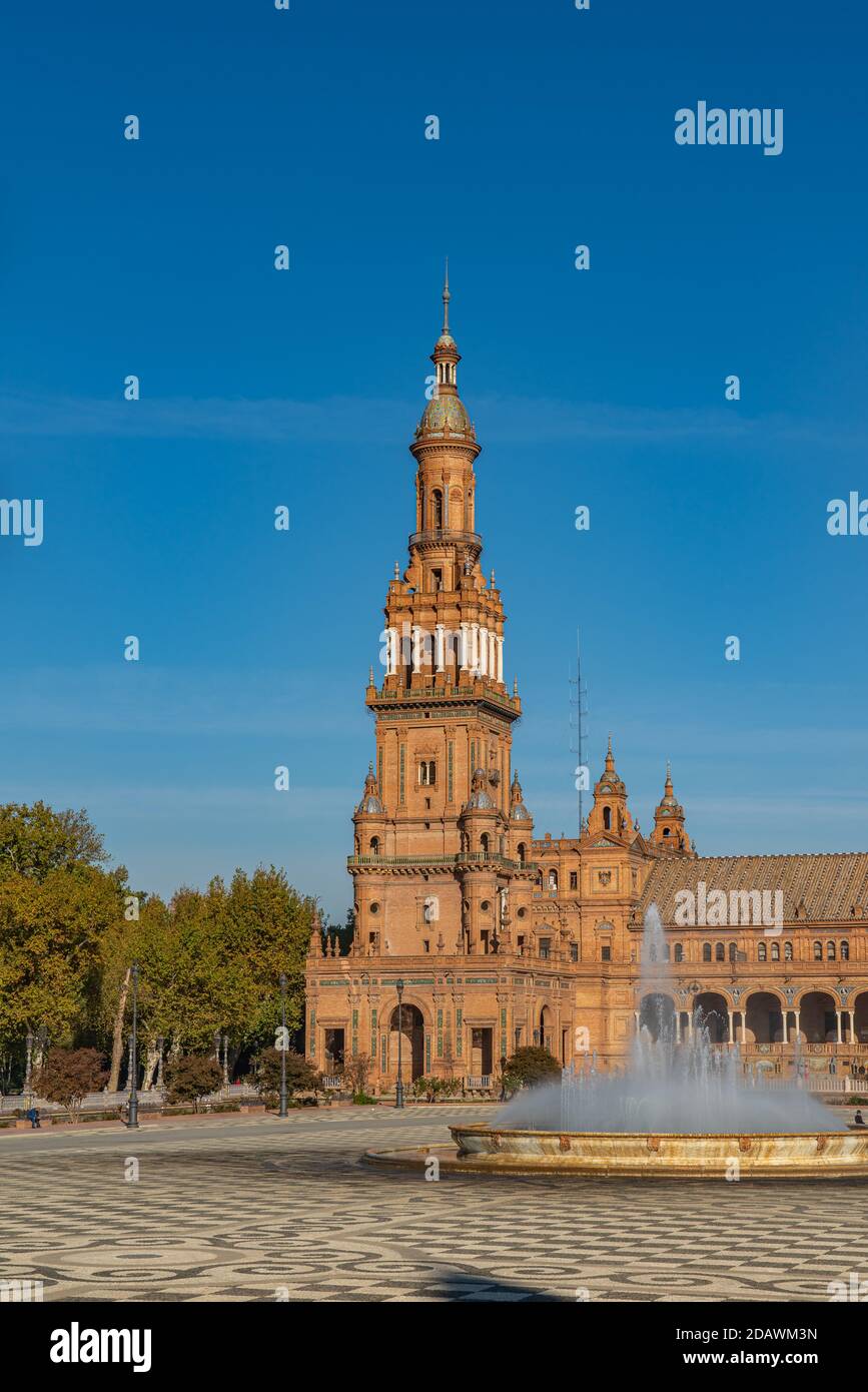 The famous Plaza de Espana, Spain Square, in Seville, Andalusia, Spain. It is located in the Parque de Maria Luisa, vertical Stock Photo