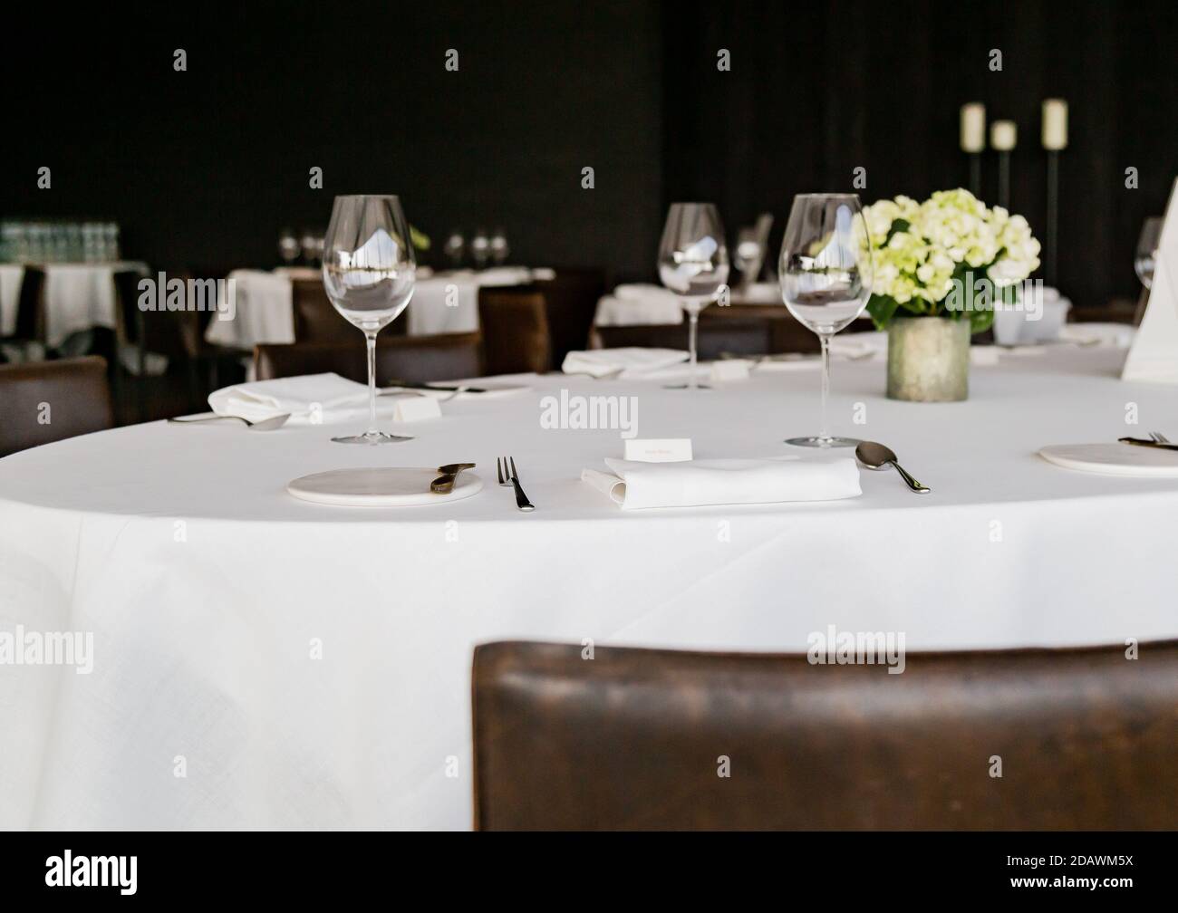 Belgium restaurant no people coronavirus covid19 reopening new normal surviving catering fine dining indoors tablewear cutlery cozy place michelin Stock Photo