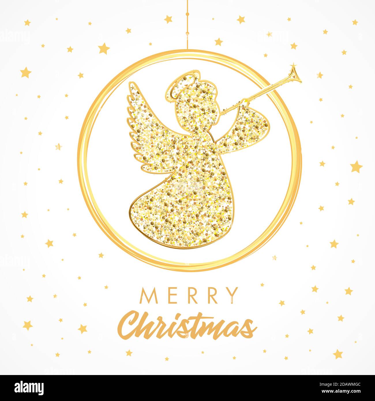 Flying angel with trumpet on a white background, Merry Christmas card. Golden isolated angel with trumpet starry herald shiny ball silhouette. Merry C Stock Vector
