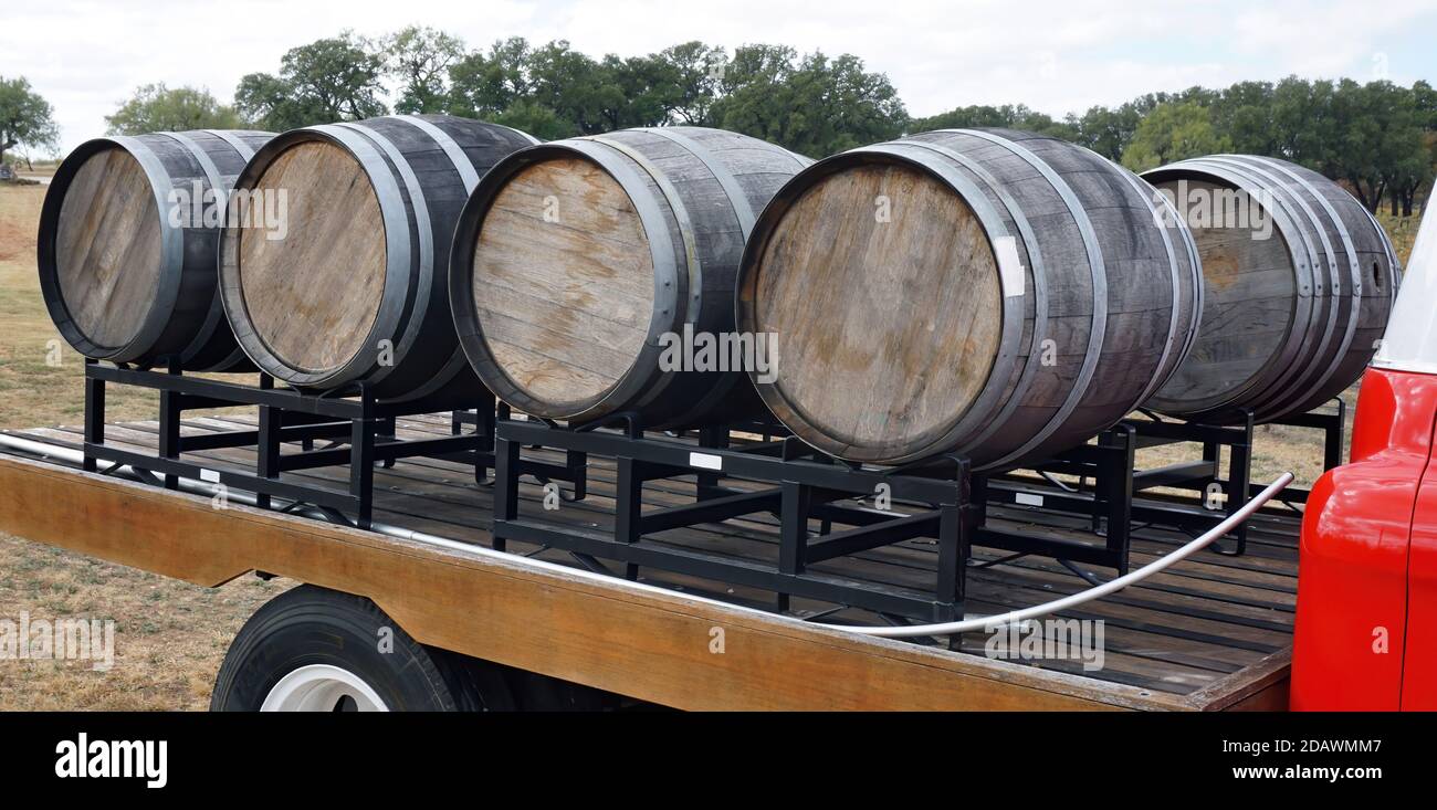 1950 wine truck with eight wooden wine barrels. Stock Photo