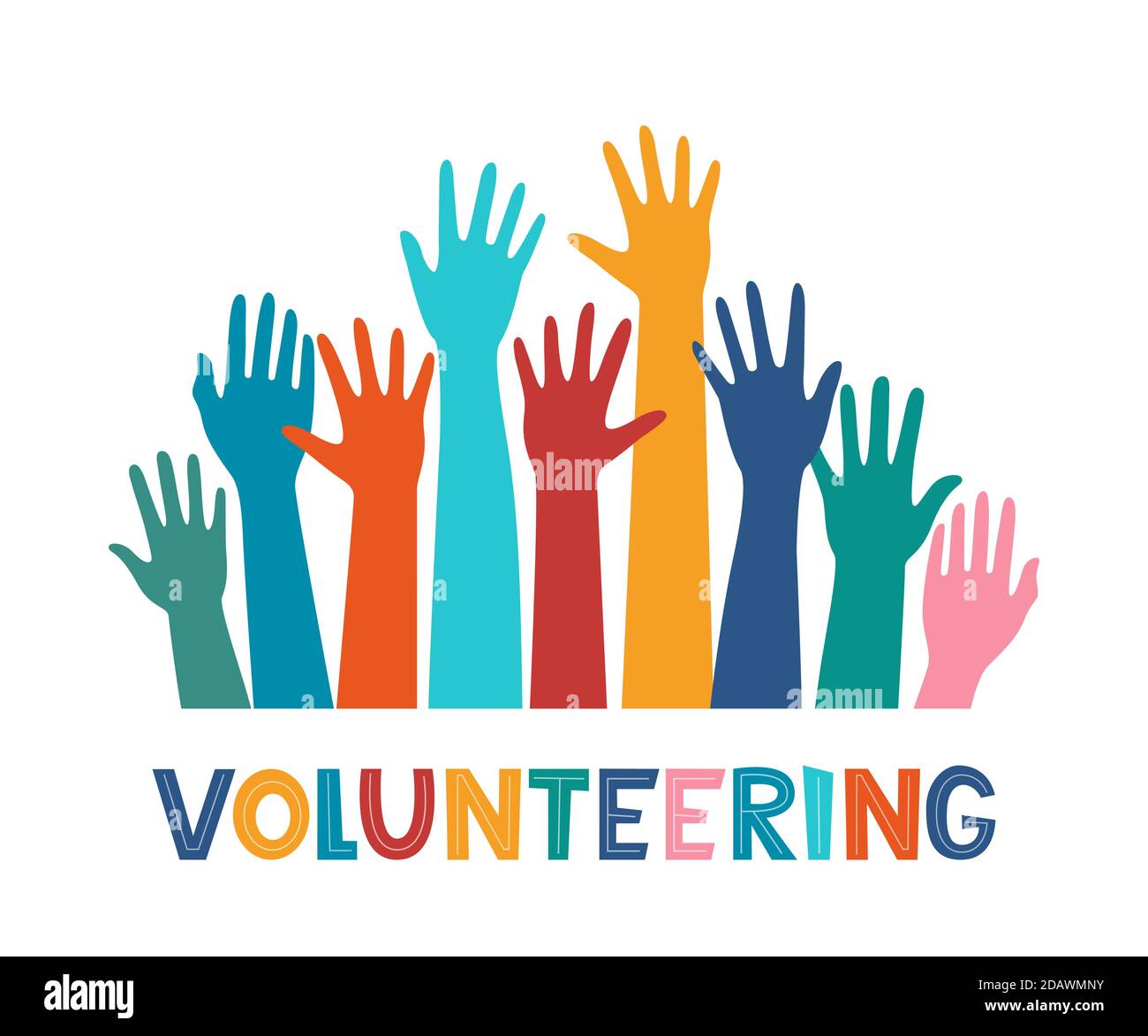 Colored volunteer crowd hands. Hand drawing lettering Volunteering. Raised hand silhouettes. Volunteer education poster mockup, donation and charity c Stock Vector