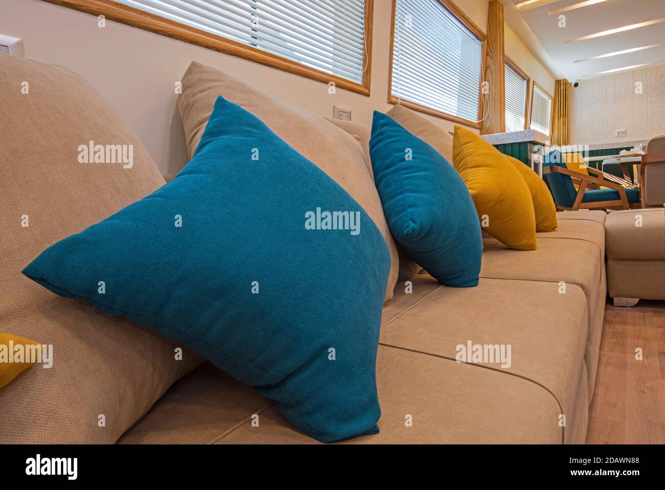 Interior design furnishing decor of the salon area in a large luxury motor yacht Stock Photo