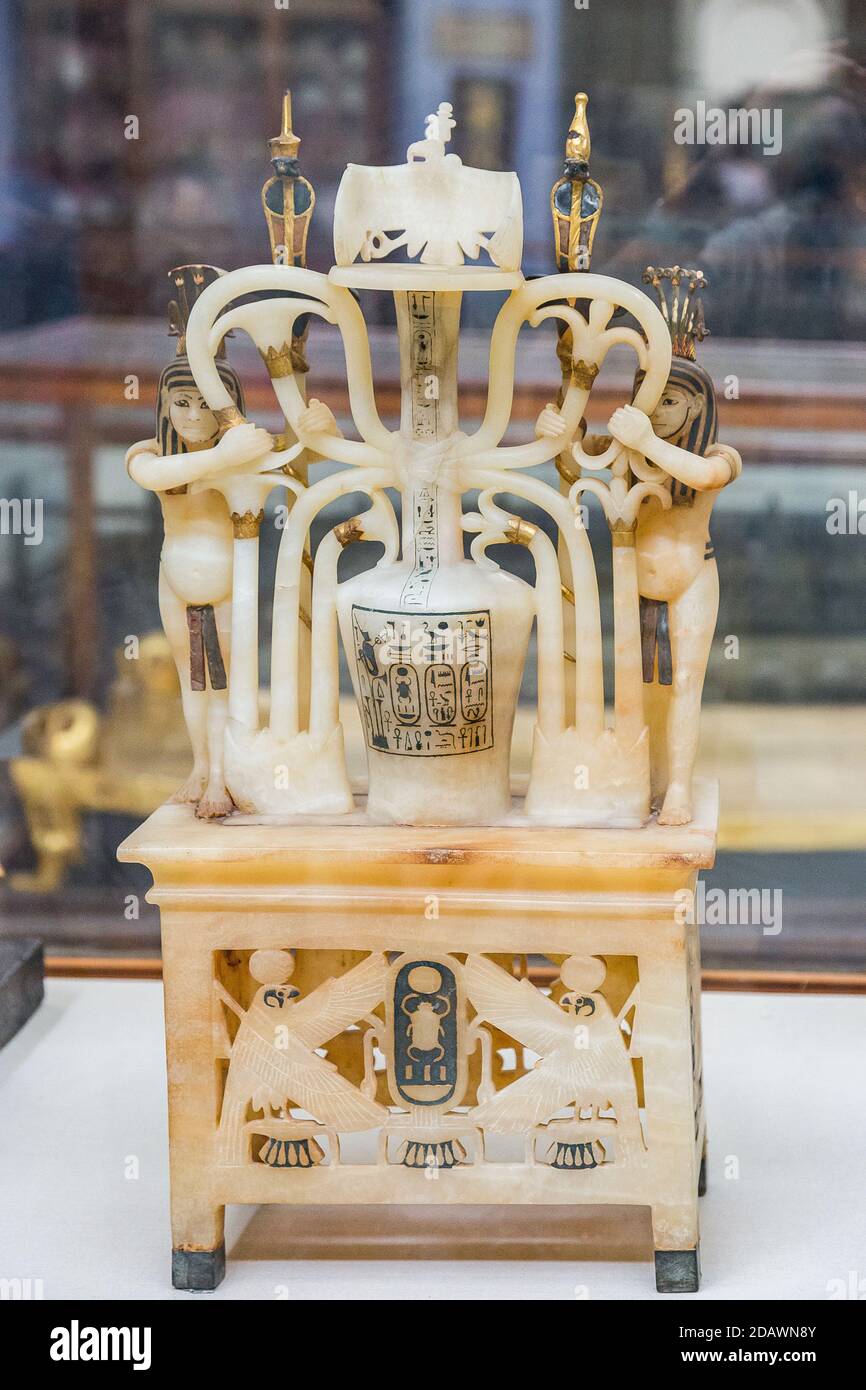 Egypt, Cairo, Tutankhamon alabaster, from his tomb in Luxor : Composite perfume vase, upon openwork pedestal. Stock Photo