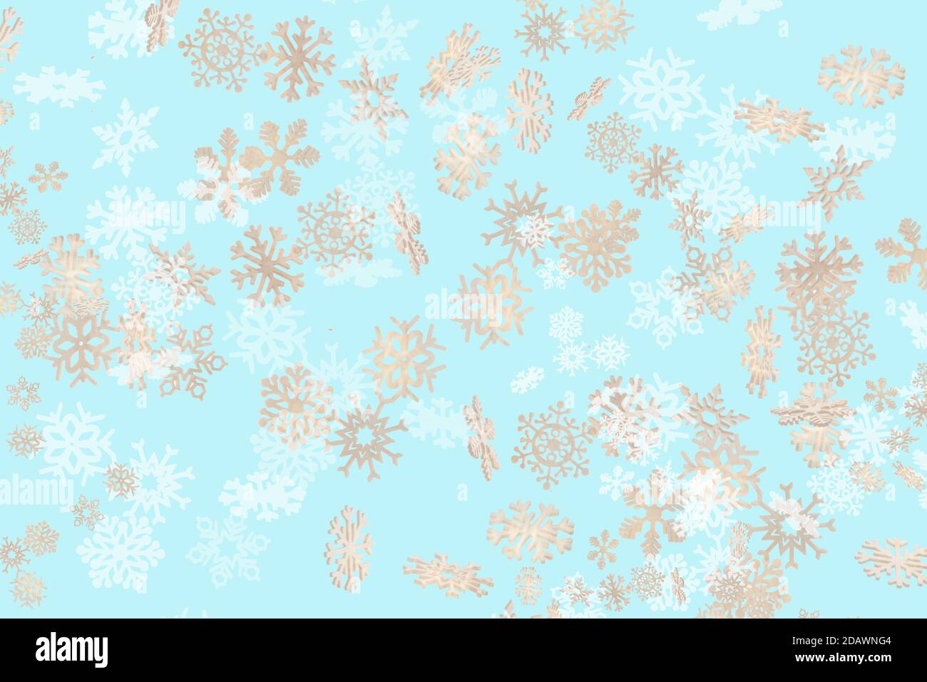 Beautiful snowflake pattern white and gold falling on a sky blue background Stock Photo